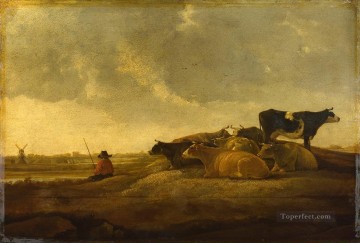 Imitateur d’Aelbert Cuyp Un bouvier avec sept vaches au bord d’une rivière Peinture à l'huile